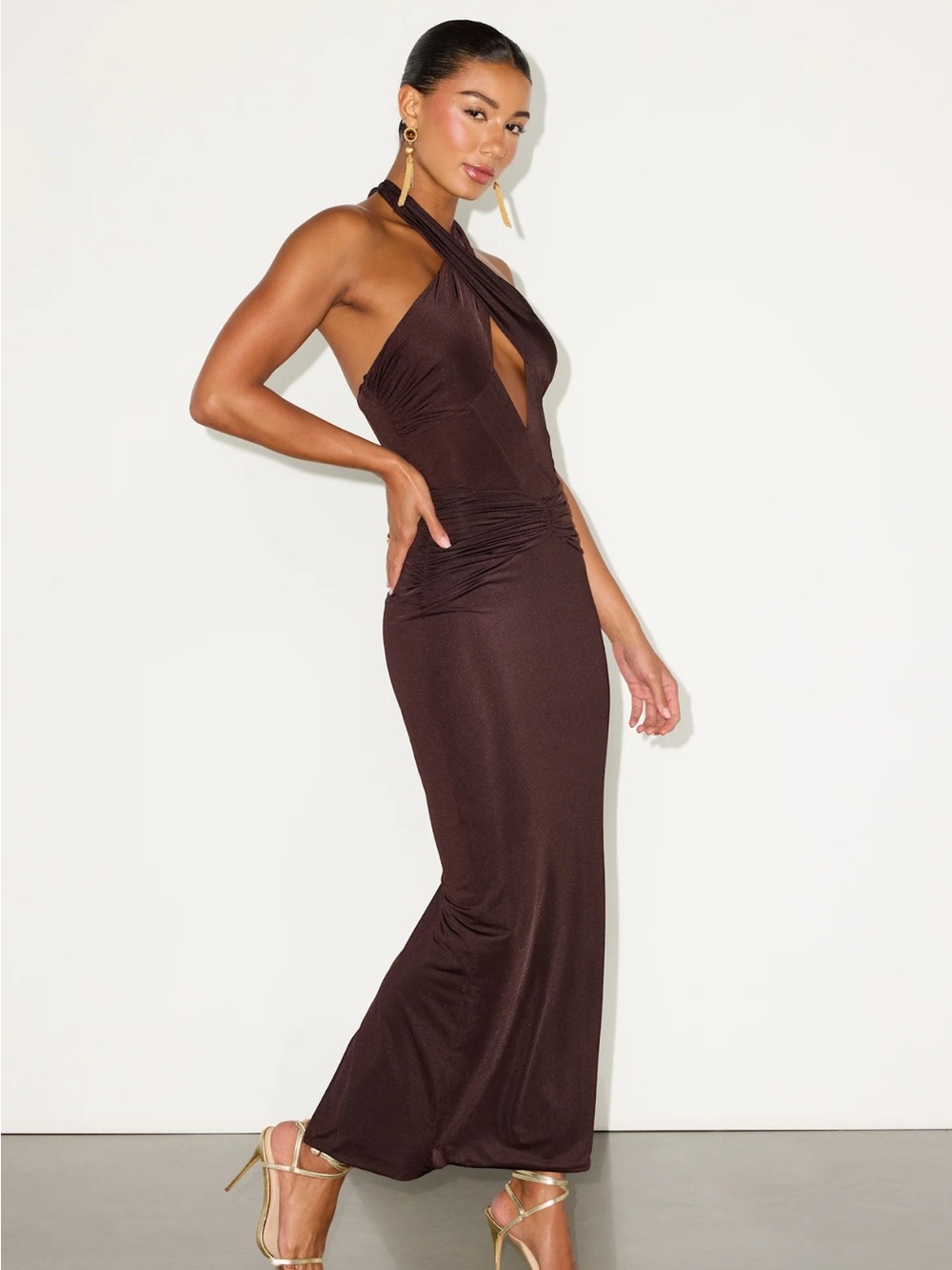 Lulu's Dark Brown Slinky Knit Cross-Front  Maxi Dress - Picture 4 of 5